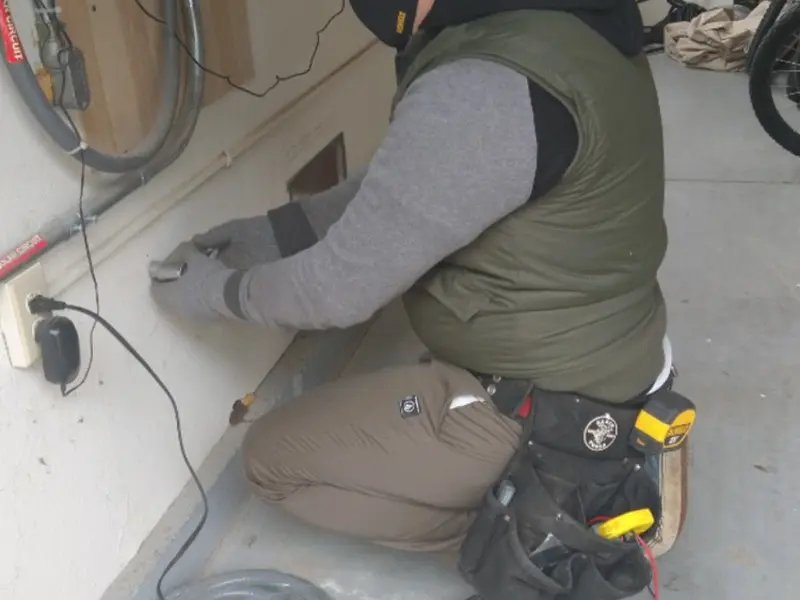 Electrician performing outlet wiring in a South Bradenton garage